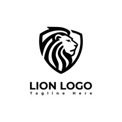 Gold lion head with shield logo vector design template in isolated white background