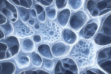 Macro close-up of metal lattice with organic holes resembling neural pathways