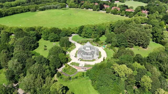 Aerial Drone footage of Sefton Park Palm House, Liverpool, England 