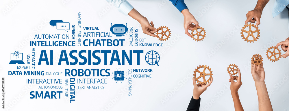 Poster Diverse hands collaborate to showcase an AI Assistant concept, symbolizing teamwork in innovation, focusing on automation, intelligence, and technological advancements. Amity