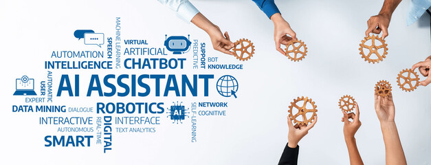 Diverse hands collaborate to showcase an AI Assistant concept, symbolizing teamwork in innovation,...