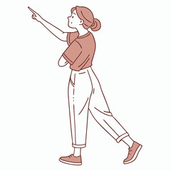 Asian woman is walking, looking, and pointing upward with arm crossed in modern casual attire