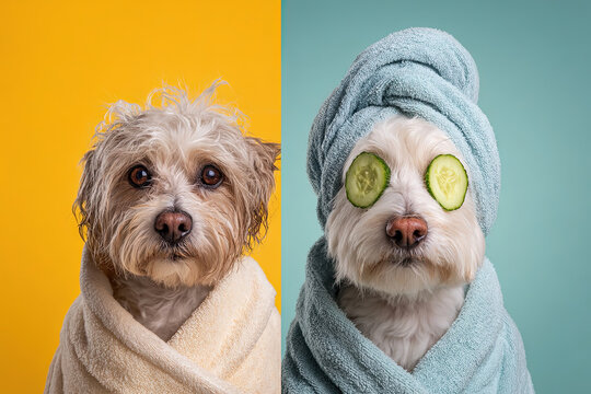 Split screen dog before and after spa grooming with towel and cucumber mask - Powered by Adobe
