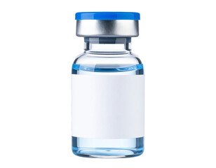 A clear glass vial with a blue cap and label, containing a light blue liquid, isolated on a transparent background.