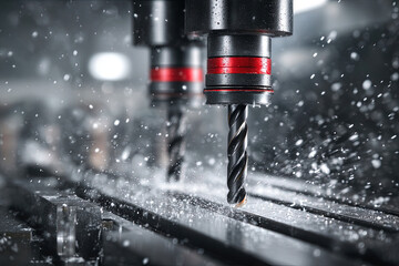 Industrial rotary tool burr bits on scratched metal surface with water droplets