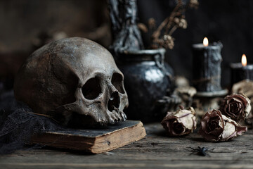 Gothic still life with skull, black candles, dried roses, and vintage books on wood