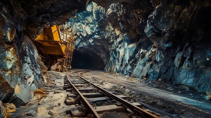 Naklejka premium Mining cart moving along rails in dark tunnel