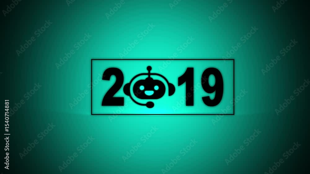 Poster interacting with transparent background displaying 2019 and a chatbot icon, future trends and techno