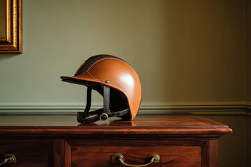 Equestrian helmet on polished dark wood surface with muted khaki background