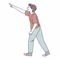 Obraz premium Smiling young man in casual clothes points upward with his right hand cheerfully