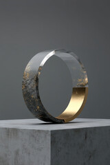 Minimalist 3d render of split glass and gold ring balanced on concrete platform