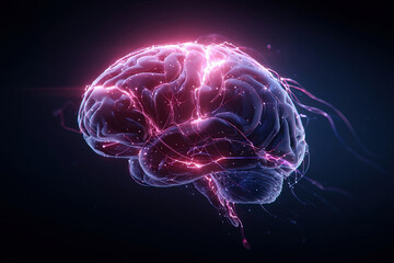 Digital brain split with neon light surge symbolizing ai awakening and innovation