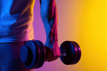 Close-up of hand holding dumbbell with yellow and violet background