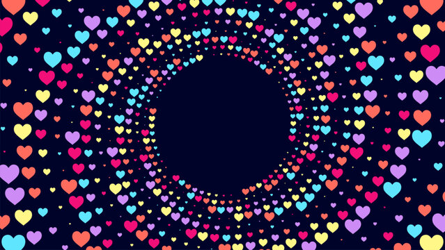 Vibrant abstract background featuring multicolored hearts arranged in a swirling circular pattern