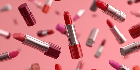 3d render of multiple lipsticks flying on vibrant pink background
