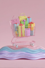 Colorful shopping cart with gift boxes and bags on wavy pedestal in pink studio