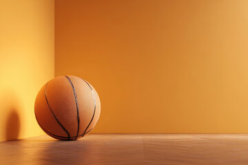 Basketball on wooden floor with orange gradient wall and empty space for text