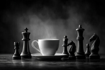 Black and white chess pieces and tea cup symbolizing strategy and mindfulness