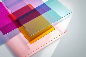 Close-up of layered transparent colored plastic sheets casting vibrant shadows