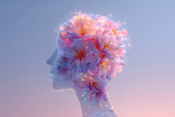 Transparent human head with blooming flowers and glowing light particles illustration