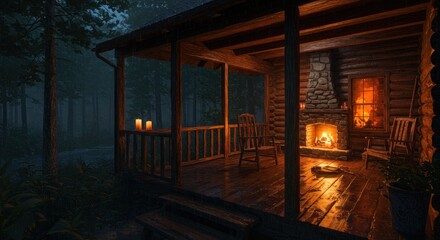 Cozy cabin porch glows warmly at dusk