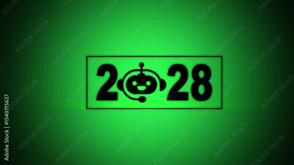 Poster interacting with transparent background displaying 2028 and a chatbot icon, future trends and techno
