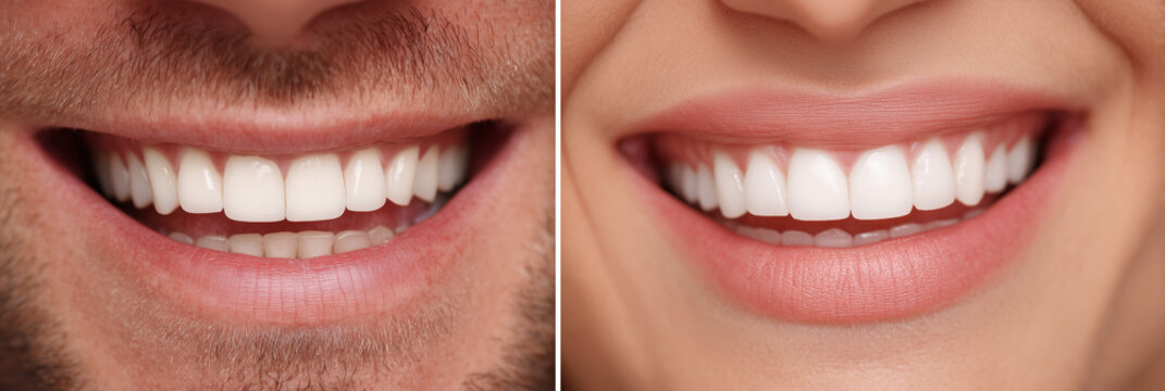A man and a woman with their teeth showing. The man has a beard and the woman has a pink lip