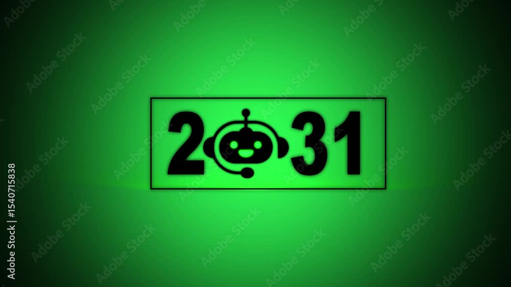 Poster interacting with transparent background displaying 2031 and a chatbot icon, future trends and techno