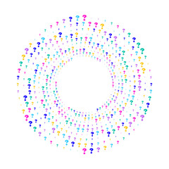 Abstract circular design composed of a radial scattered colorful question marks