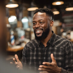 A smiling Black man, wearing a dark plaid shirt, gestures expressively during a conversation in a dimly lit barbershop setting.