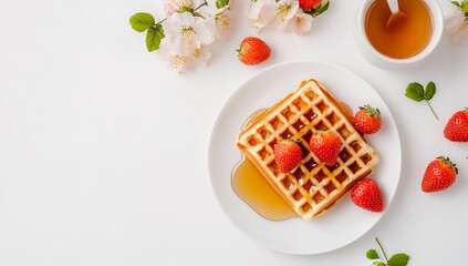 Top view of waffles with honey and strawberries, flowers on the side, white background, flat lay, banner for social media post, flat layout, minimalistic, space around edges, bright soft colors