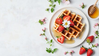 Top view of waffles with honey and strawberries, flowers on the side, white background, flat lay, banner for social media post, flat layout, minimalistic, space around edges, bright soft colors