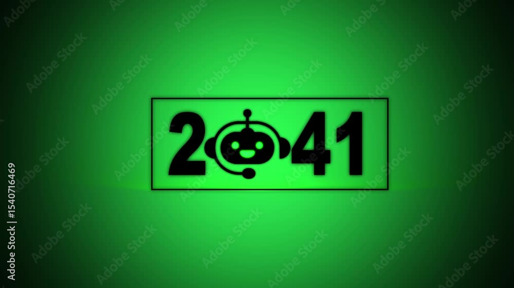Poster interacting with transparent background displaying 2041 and a chatbot icon, future trends and techno