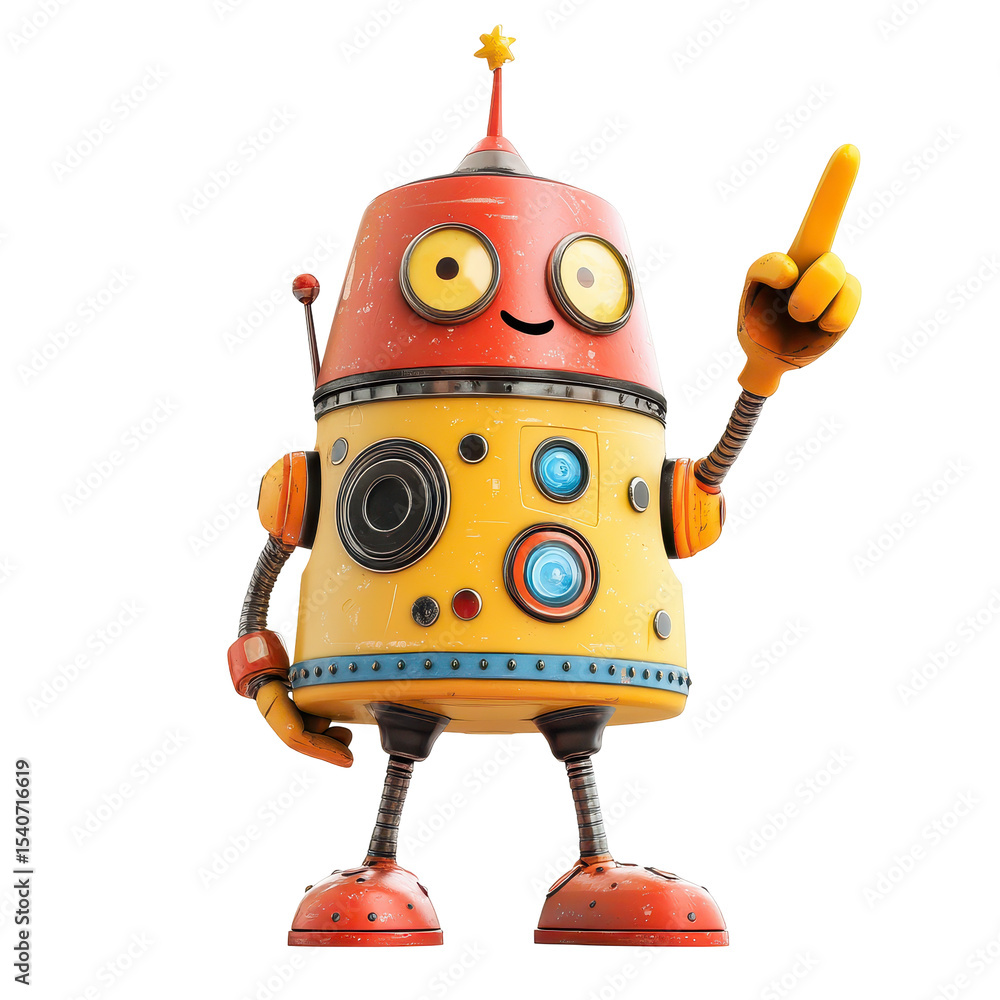 Aufkleber happy cute robot pointing at a space, smiling robot enthusiastically points at a deep space backdrop