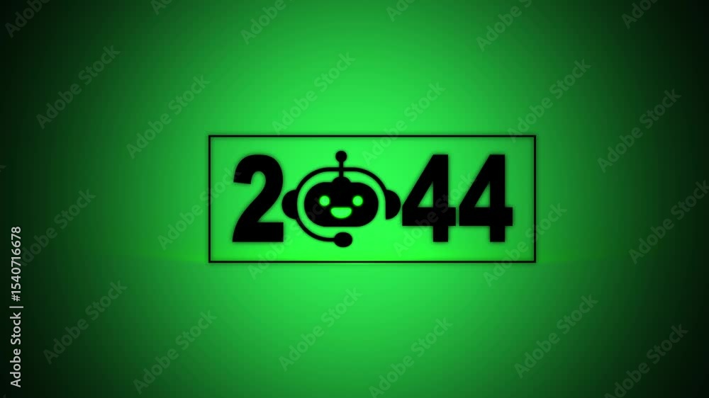 Poster interacting with transparent background displaying 2044 and a chatbot icon, future trends and techno