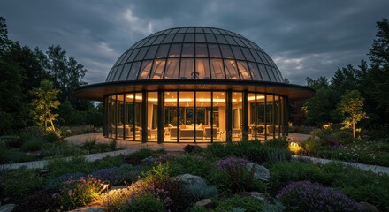 Lit Glass Dome Amidst Lush Gardens