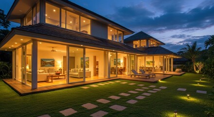 Luxurious illuminated modern home at dusk