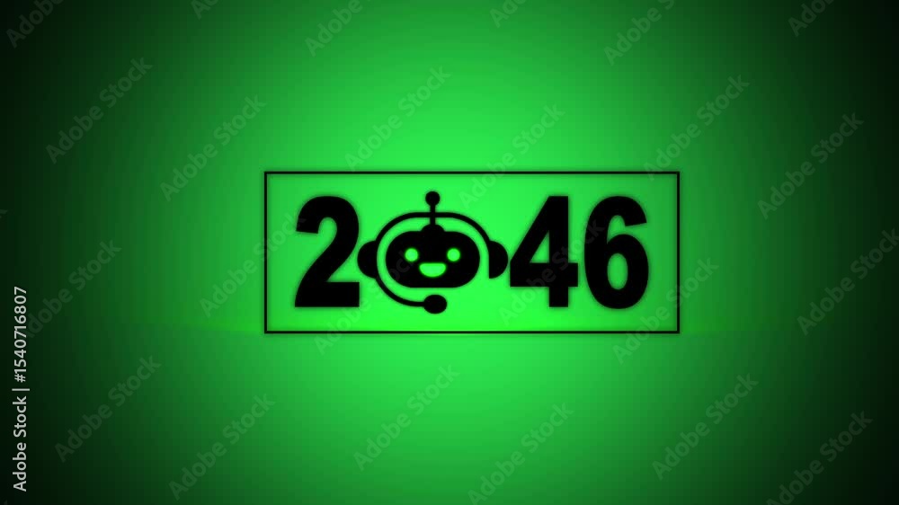 Poster interacting with transparent background displaying 2046 and a chatbot icon, future trends and techno