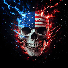 A skull, engulfed in red and blue flames, displays a cracked American flag on its forehead.