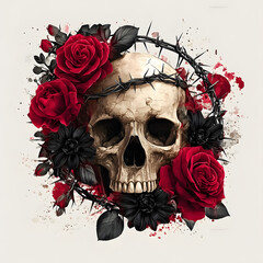 A human skull, adorned with a crown of thorns, is encircled by red roses and black flowers.  Blood splatter accents the artwork.