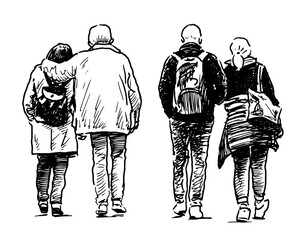 Sketches of couples casual towns pedestrians, back view, realistic hand drawn vector illustration isolated on white