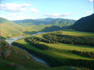 Breathtaking landscape of rolling hills and a winding river in a lush green valley