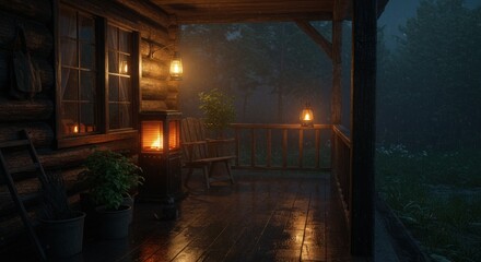 Rainy cabin porch at night glow
