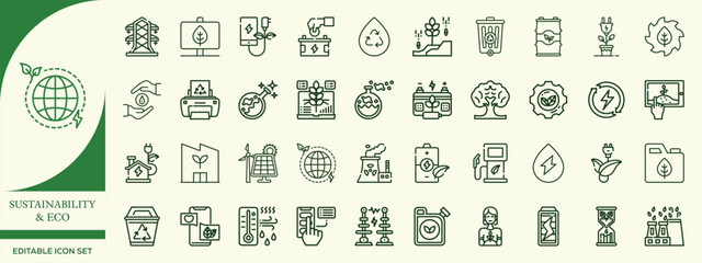 Eco Friendly Sustainability Icon Set – Recycle, Renewable Energy, Green Living, Zero Waste, and Nature Symbols