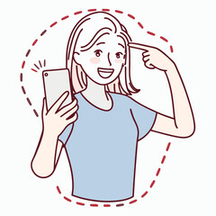 Cartoon woman smiles, holds phone, and points at her head, framed by a dotted line