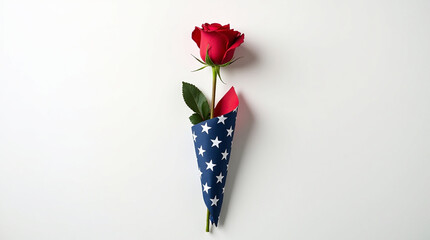 A velvety red rose, patriotically wrapped in a stars and stripes paper cone, isolated on white background