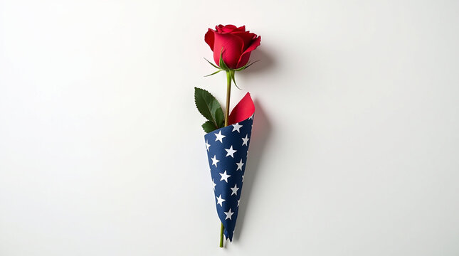 A velvety red rose, patriotically wrapped in a stars and stripes paper cone, isolated on white background