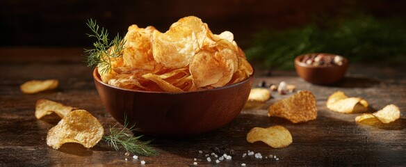 The bowl of crispy golden potato chips garnished with fresh herbs.