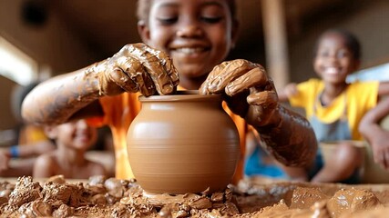 Smiling Children Working with Clay Hands Covered in Mud Crafting Pottery During Workshop in Warm Lighting