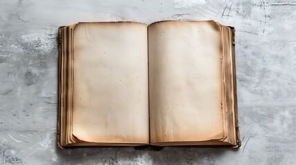 Open antique book with aged pages on a textured surface.